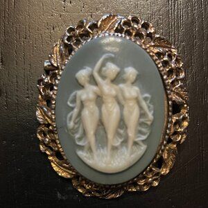 Vintage Gold Tone Three Graces Blue Cameo